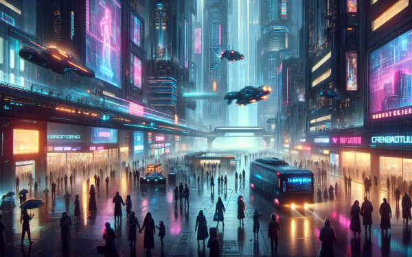 A vibrant, futuristic cityscape featuring towering skyscrapers, neon lights, and flying vehicles bustling through a rainy street filled with pedestrians, creating a captivating HD desktop wallpaper.