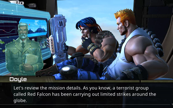HD desktop wallpaper from Contra: Operation C featuring characters in a mission briefing scene for video game enthusiasts.
