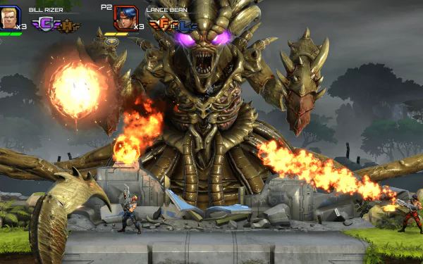 HD wallpaper of Contra: Operation C game, showcasing characters battling a giant boss with fiery explosions in the background.