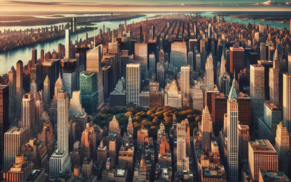 HD desktop wallpaper showcasing an aerial view of New York City's skyscrapers, bathed in warm sunlight with the river in the background.