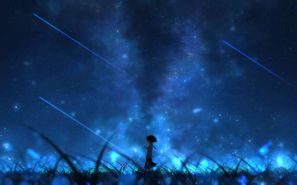 A digital art scene of a girl standing in a grassy landscape under a vibrant star-filled night sky with shooting stars, rendered in 4K Ultra HD for PC desktop wallpaper.
