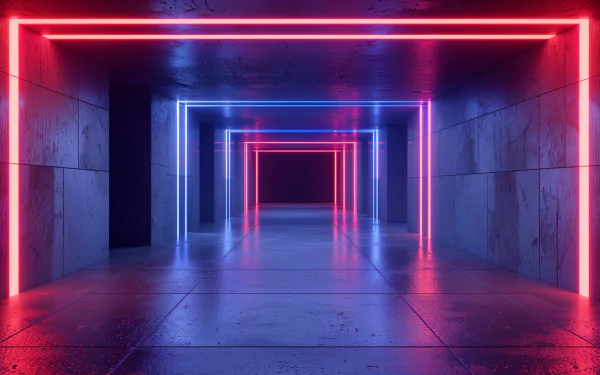 HD wallpaper of a futuristic interior with neon aesthetic, featuring glowing neon lights in a hallway.