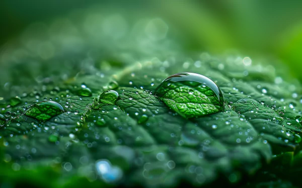 Alt Text: HD desktop wallpaper featuring a close-up view of a green leaf with a crystal clear dew drop and multiple tiny water droplets, embodying a fresh and serene nature background.