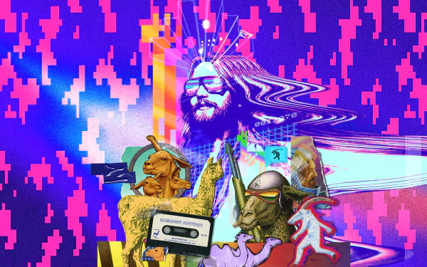 Vibrant HD wallpaper inspired by Llamasoft: The Jeff Minter Story, featuring retro imagery, whimsical llamas, and a stylized portrait, capturing the essence of video game nostalgia.