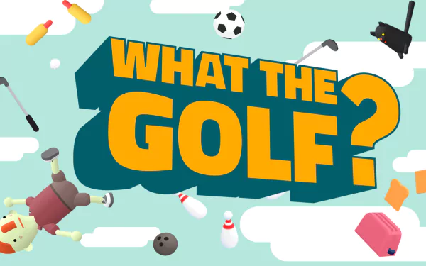 HD desktop wallpaper featuring the whimsical design of What the Golf? video game with colorful graphics and playful objects related to golf scattered around the text logo.