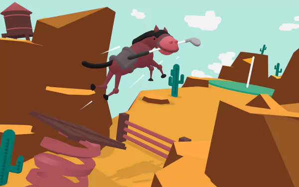HD desktop wallpaper featuring a whimsical scene from the video game What the Golf? with a cartoon horse flying over a stylized desert golf course.