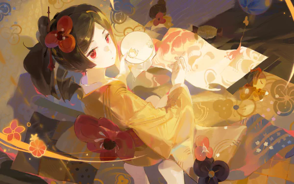 HD wallpaper featuring Chiori from Genshin Impact, elegantly adorned, surrounded by vibrant floral patterns and soft lighting, capturing a serene and artistic atmosphere.