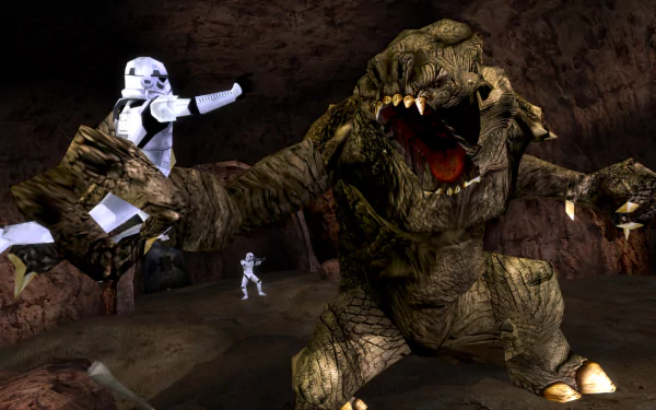 HD wallpaper featuring a scene from Star Wars: Battlefront Classic Collection with a Stormtrooper and a Rancor monster.
