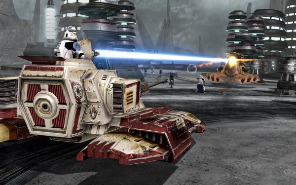 HD wallpaper featuring Star Wars: Battlefront Classic Collection gameplay scene with clone trooper and vehicles.