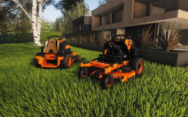 HD wallpaper of Lawn Mowing Simulator game with detailed lawn mowers on a vibrant green lawn