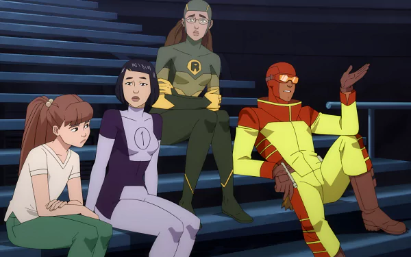 A stylish HD desktop wallpaper featuring characters from the TV show Invincible, showcasing four distinct heroes seated together, deep in discussion.