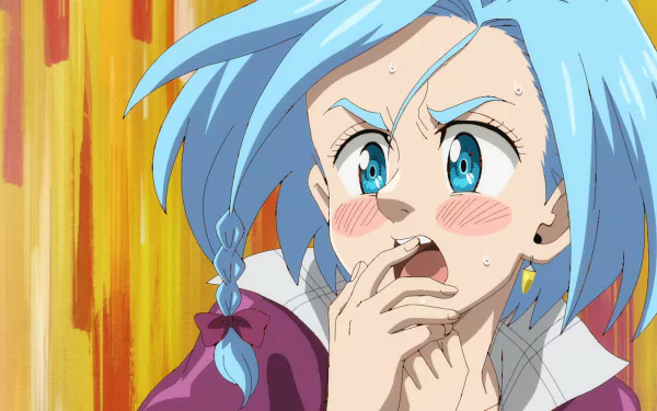 HD desktop wallpaper featuring a surprised anime character from The Seven Deadly Sins: Four Knights of the Apocalypse with vivid blue hair and expressive blue eyes, set against a colorful background.