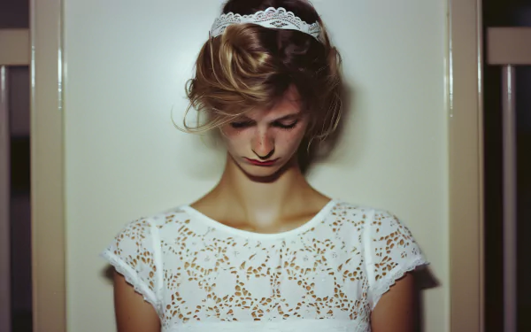 Woman in white lace dress with delicate tiara as HD desktop wallpaper.
