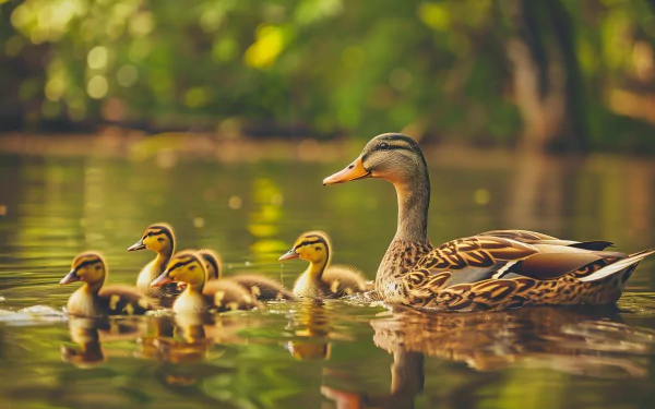 HD desktop wallpaper of a mother duck leading her ducklings through tranquil water with lush greenery in the background.