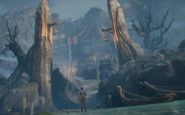 HD wallpaper of Outcast 2: A New Beginning video game showcasing a mysterious character standing before an ancient temple amidst a mystical landscape with towering stone formations and eerie trees.