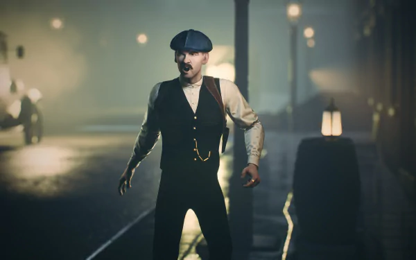 High-definition desktop wallpaper featuring a character from the video game Peaky Blinders: The King's Ransom, set against a foggy, vintage street background.