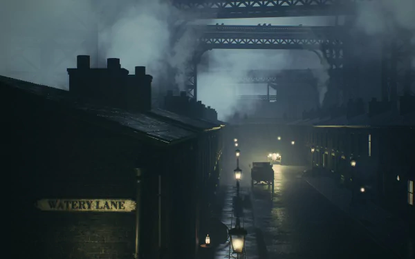 HD wallpaper of a mysterious foggy street scene from Peaky Blinders: The King's Ransom video game, with dim streetlights and vintage architecture.