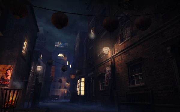 Atmospheric HD wallpaper featuring a dimly-lit street scene from 'Peaky Blinders: The King's Ransom' video game, showcasing moody lighting and vintage urban details.