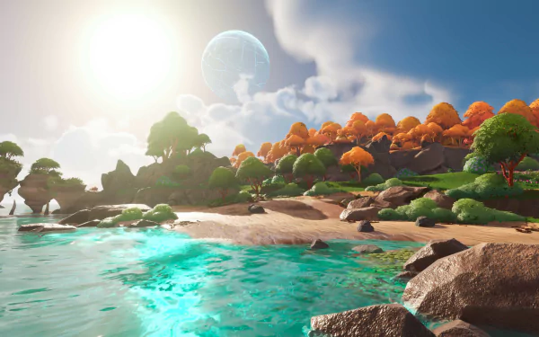 HD desktop wallpaper featuring a scenic view from the video game Lightyear Frontier with a vibrant landscape, serene water, and a large moon in the sky.