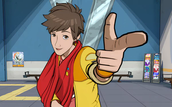 HD desktop wallpaper featuring a vibrant character from the video game Hi-Fi Rush, extending a thumbs-up in a dynamic pose with a stylized background.
