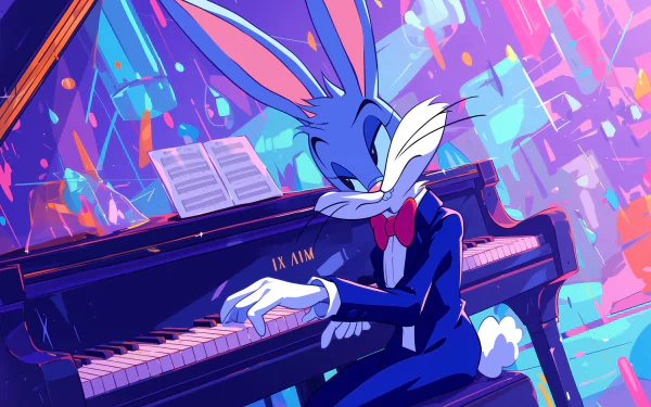 HD desktop wallpaper featuring Bugs Bunny playing the piano with a vibrant artistic background.