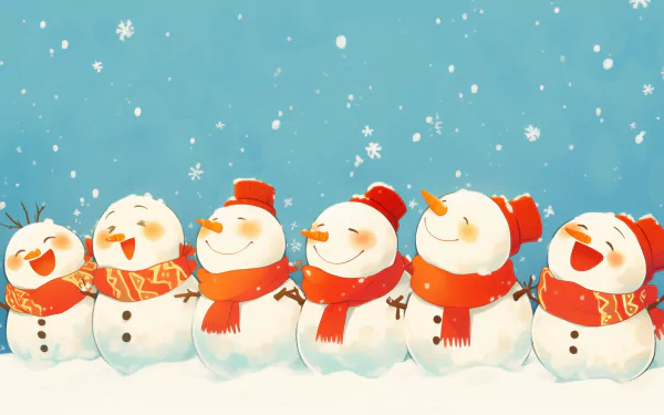 A charming HD wallpaper featuring a line of cheerful snowmen, all wearing red scarves and hats, against a snowy blue background with falling snowflakes.