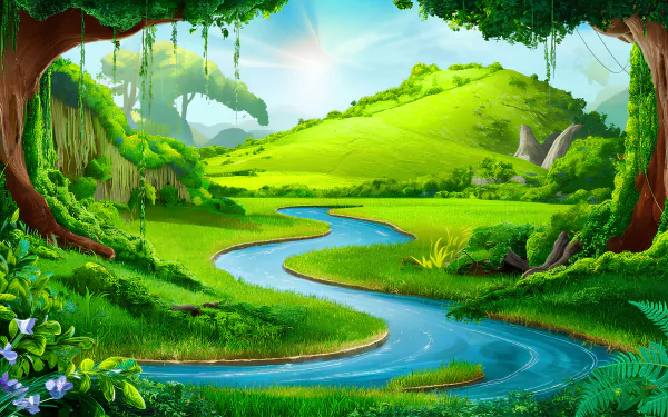  a vibrant green valley with rolling hills and a meandering river
