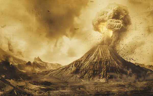 HD wallpaper of an erupting volcano with ash cloud for desktop background.