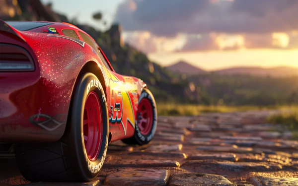 HD wallpaper of Lightning McQueen from the movie Cars on a cobblestone road at sunset.