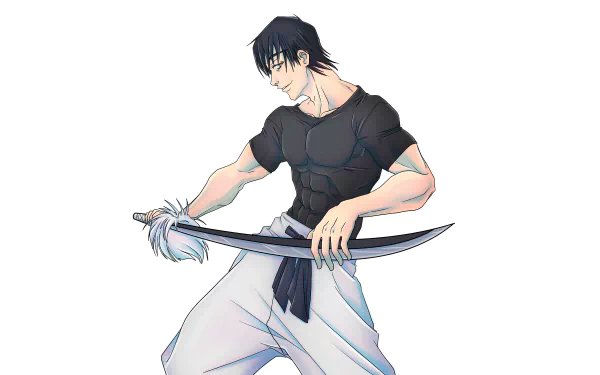 HD wallpaper of Toji Fushiguro from Jujutsu Kaisen, poised with a sword against a white background.