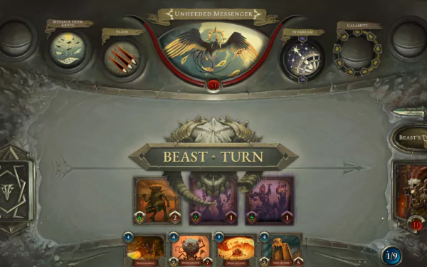 High-definition desktop wallpaper featuring the Beast's turn in a video game with Acolyte of the Altar theme, showcasing intricate game interface and fantasy elements.