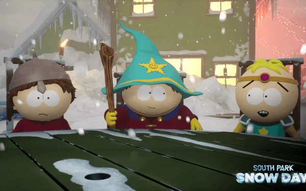 HD wallpaper featuring characters from the video game South Park: Snow Day, set in the snowy town of South Park.
