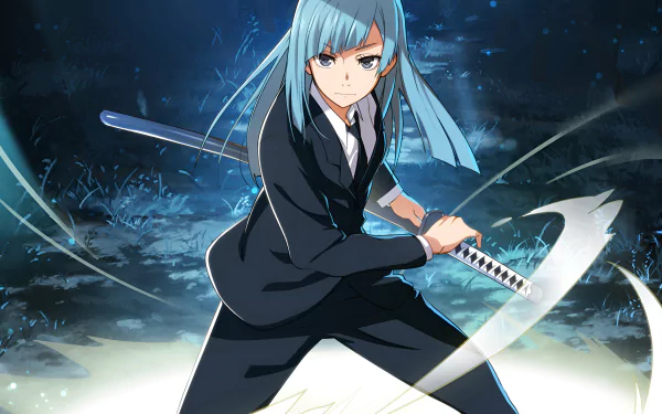 HD anime desktop wallpaper featuring Kasumi Miwa from Jujutsu Kaisen poised with a sword against a dynamic, dark, and glowing background.