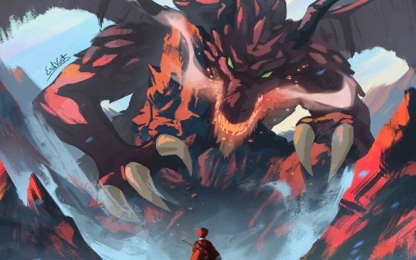 HD anime desktop wallpaper featuring Stark from Frieren: Beyond Journey's End facing a massive, fiery dragon in a dramatic, intense scene.