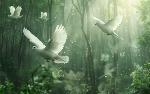 HD desktop wallpaper featuring doves in flight within a serene, sunlit forest.