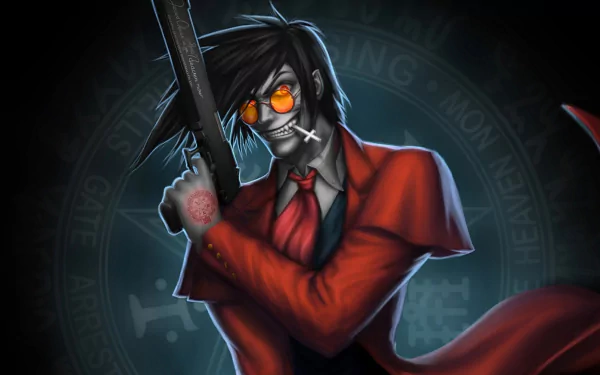 HD anime wallpaper featuring Alucard from Hellsing, in a red suit with glowing orange glasses, wielding a gun against a mystical circular inscription background.