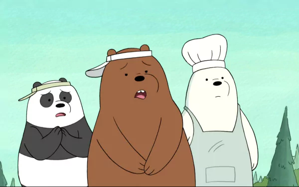 HD desktop wallpaper of 'We Bare Bears' characters standing together with a light green background.