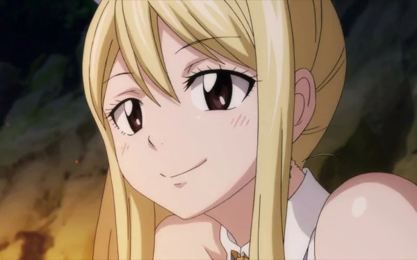 Anime character Lucy Heartfilia from Fairy Tail smiling in a high-definition desktop wallpaper.