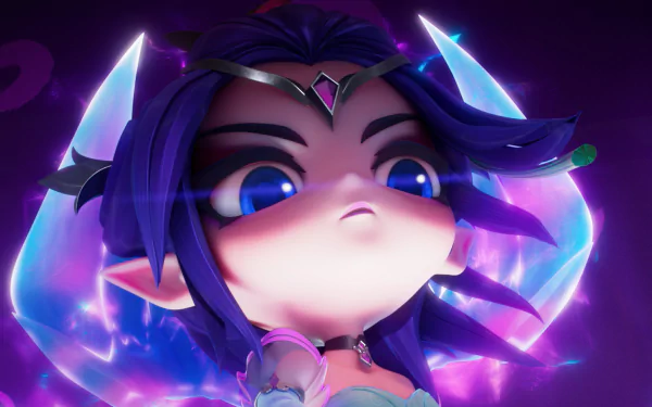HD desktop wallpaper of a Teamfight Tactics character with glowing blue eyes and purple energy effects.