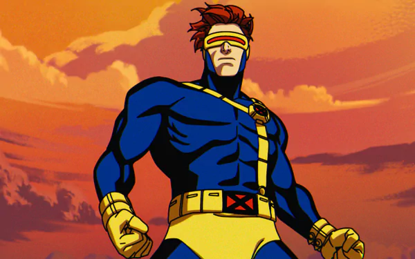 HD wallpaper of Cyclops from X-Men '97 animated series, standing heroically against an orange backdrop.