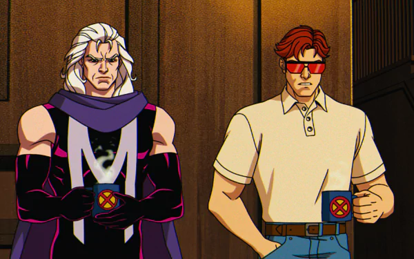 HD wallpaper featuring animated characters Magneto and Cyclops from X-Men '97 TV show, standing side by side as a desktop background.