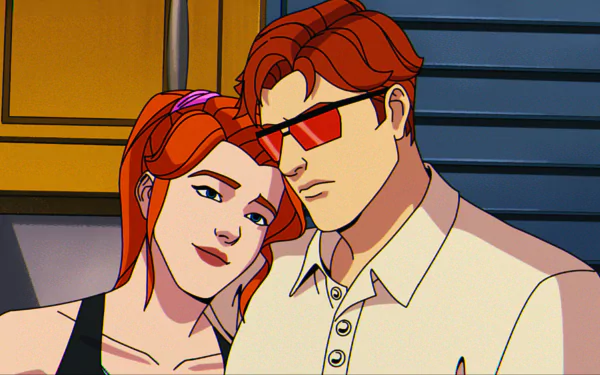 A vibrant HD wallpaper from X-Men '97 featuring Cyclops with striking red glasses, sharing a tender moment with a woman, showcasing their connection in this animated universe.