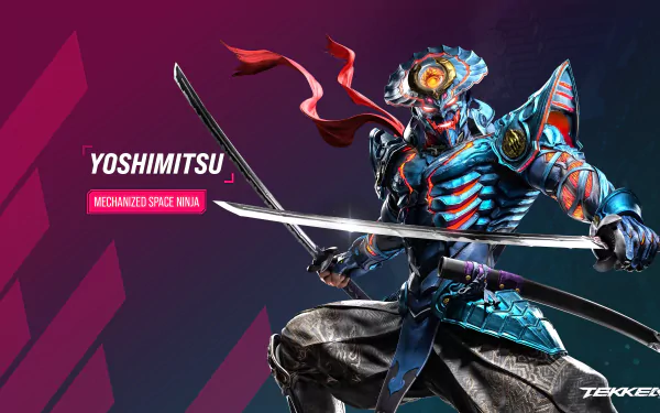 Yoshimitsu, the mechanized space ninja from Tekken 8, poses with his swords against a vibrant, futuristic background in this high-definition wallpaper.