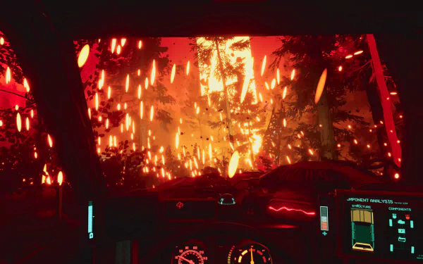 A dramatic HD wallpaper from the video game Pacific Drive, showcasing a fiery landscape viewed from a vehicle's dashboard, illuminated by intense red and orange tones.