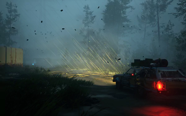 HD desktop wallpaper featuring a scene from the video game Pacific Drive with a car emitting sparks in a misty forest environment.