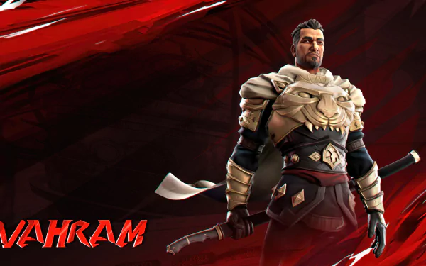 HD desktop wallpaper featuring the character Vahram from the video game Prince of Persia: The Lost Crown, against an artistic red background.