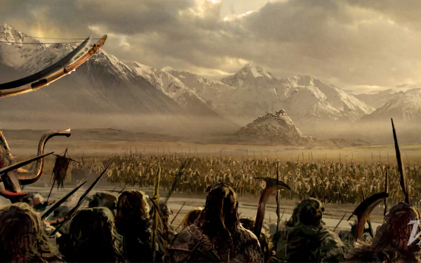 HD desktop wallpaper depicting a scene from The Lord of the Rings: The War of the Rohirrim with a panoramic view of a battle-ready Rohirrim army in a vast mountainous landscape.