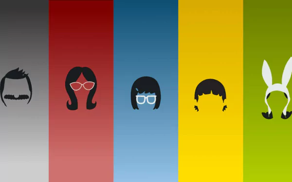 HD desktop wallpaper featuring minimalist silhouettes of the Bob's Burgers characters on colorful striped background.