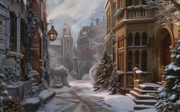 A serene snowy cityscape featuring a quiet road lined with charming buildings and winter trees, creating a picturesque backdrop for a HD desktop wallpaper.
