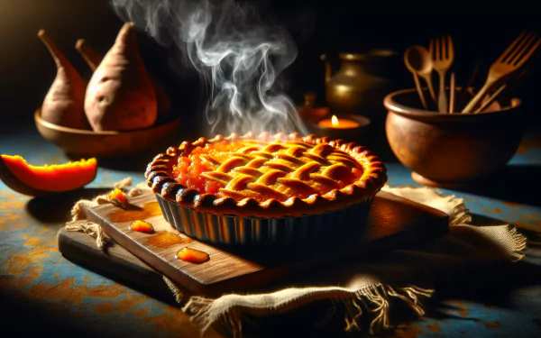 A steaming sweet potato pie sits on a wooden board, surrounded by decorative utensils and fresh sweet potatoes, creating a warm and inviting desktop wallpaper.